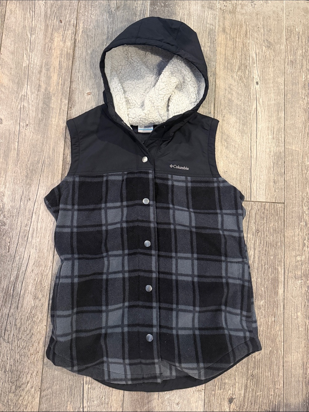 Columbia Black and Gray Plaid Hooded Fleece Vest